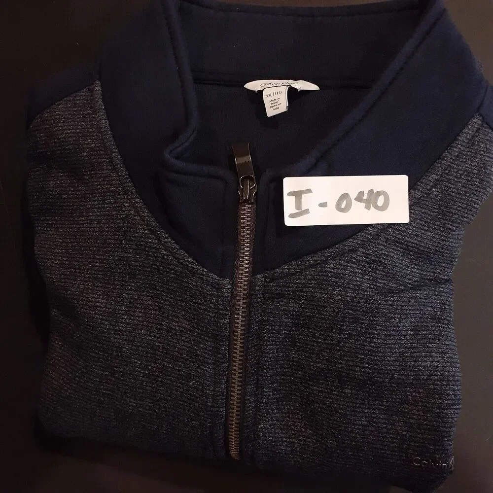 Calvin Klein Men XXL Navy Blue Gray Full Zip Mock Neck Sweatshirt Fleece Jacket